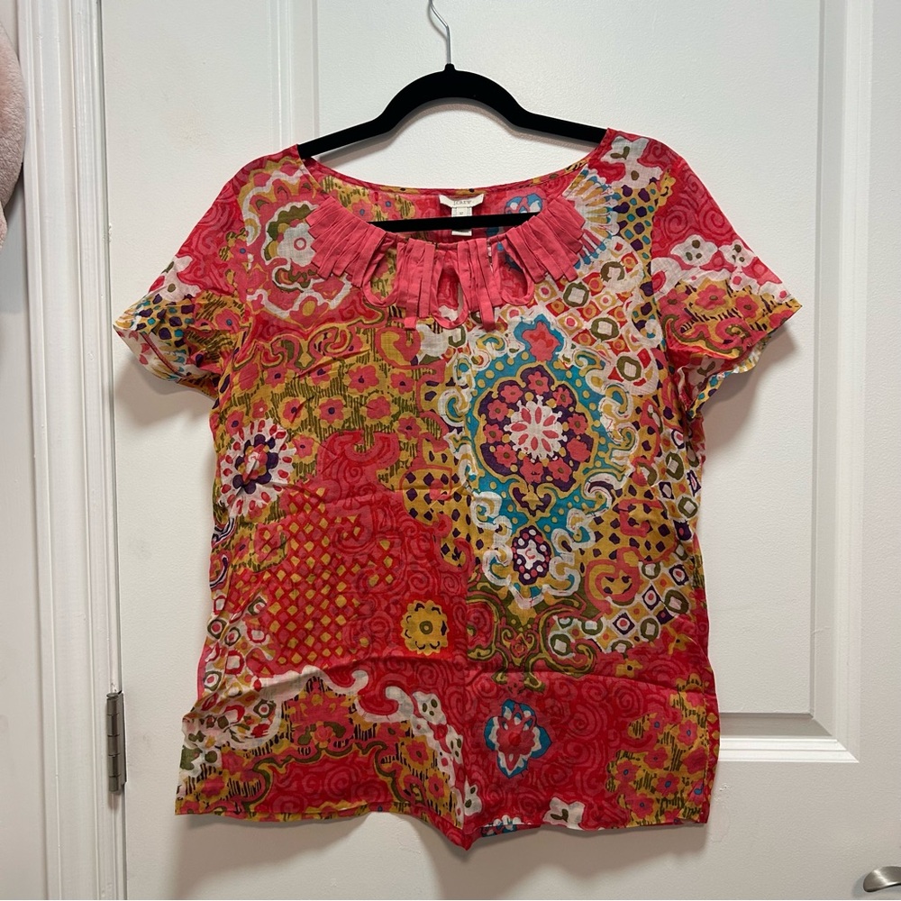 J. Crew Multicolor Floral Patchwork Short Sleeve Top - Pink Accent